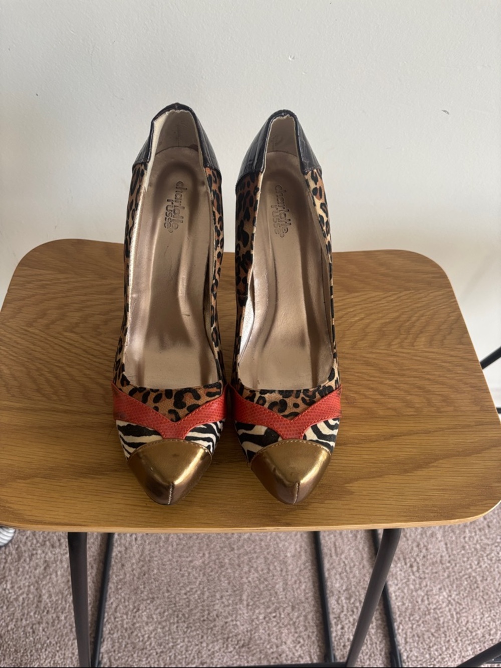 Animal Print Pointed-Toe Pumps with Gold Cap Toe - Red Accent